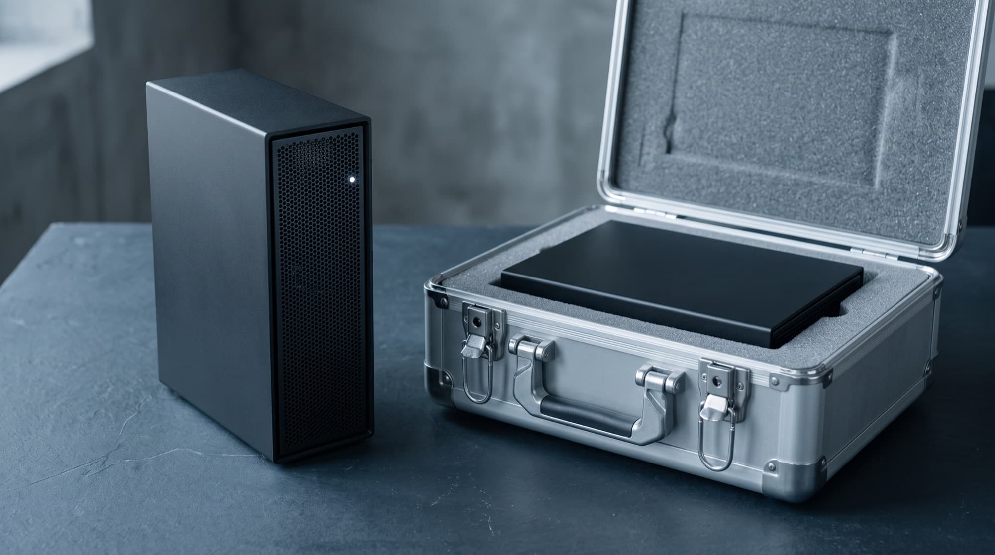 Vorkonfiguriertes Austauschgerät in einem gepolsterten Transportkoffer neben einer Appliance (KI-generiertes Bild)